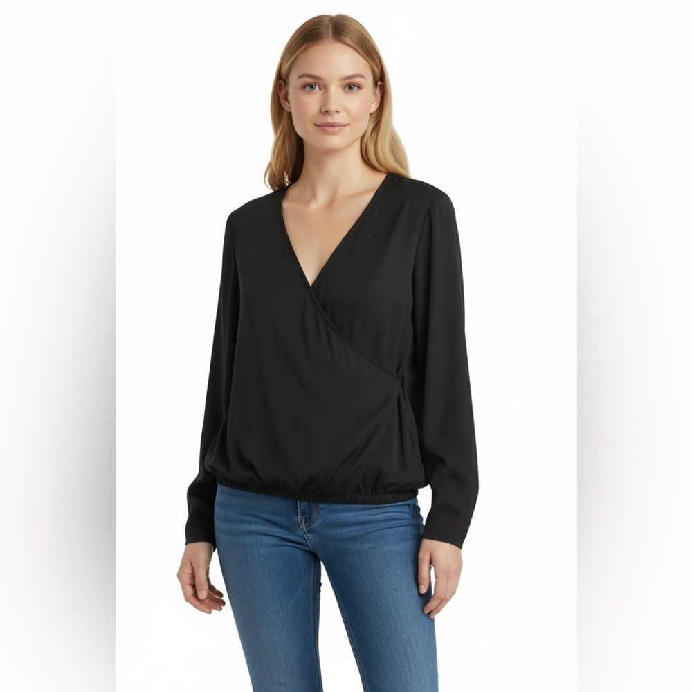 Active USA Black Wrap Front Blouse M Long Sleeve Draped Surplice Top